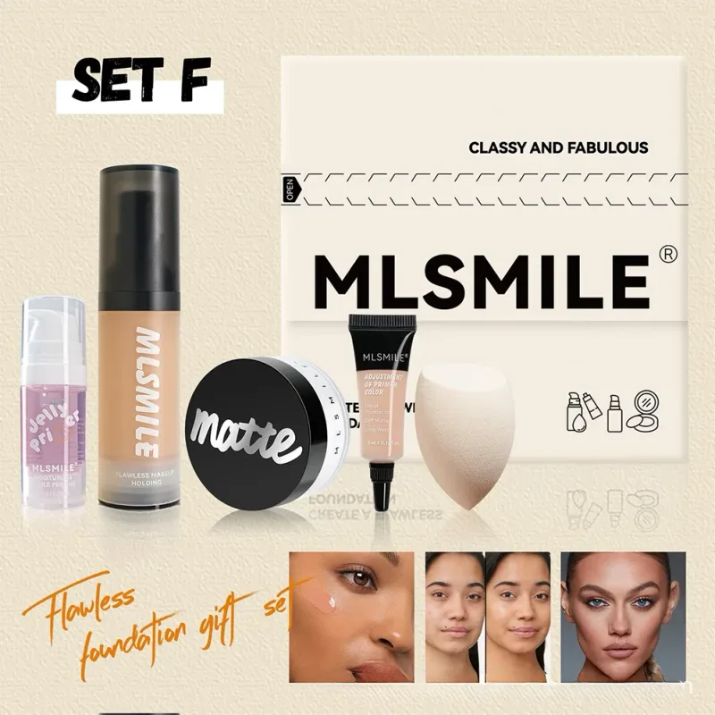 All in One Face Makeup Set Liquid Foundation Powder Primer and Egg for Long Lasting Matte Finish