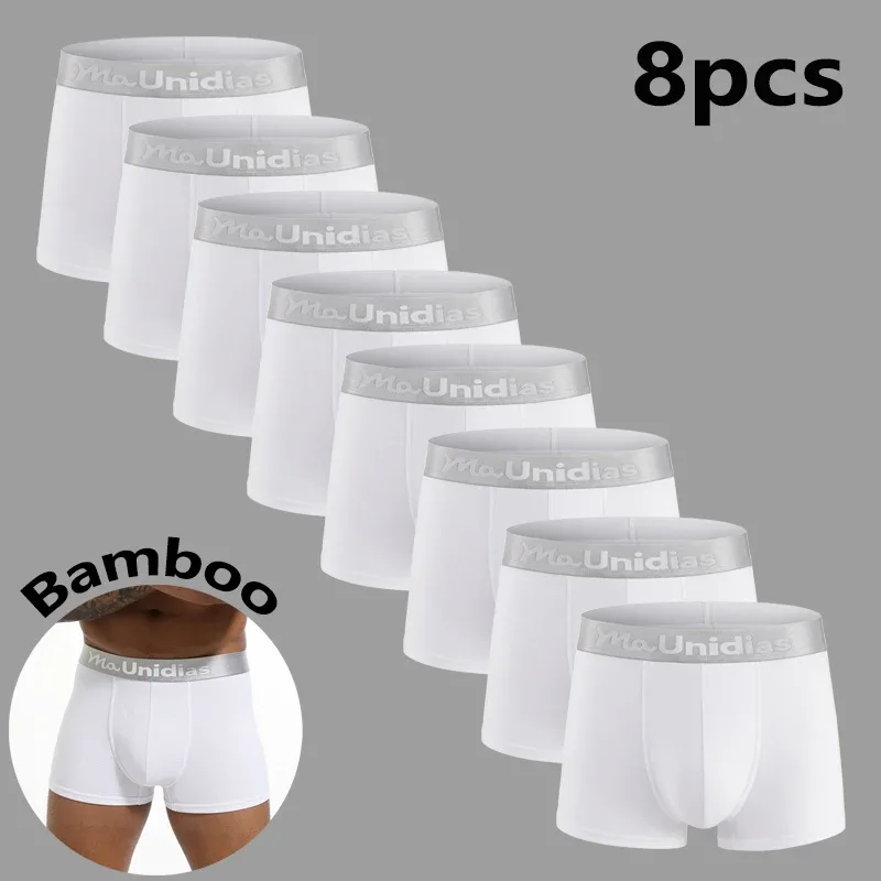 8pcs Bamboo Fiber Boxer Briefs White Men's Panties Letter Waistband Underwear Man Boxers Solid Color Boxershorts Men Underpants