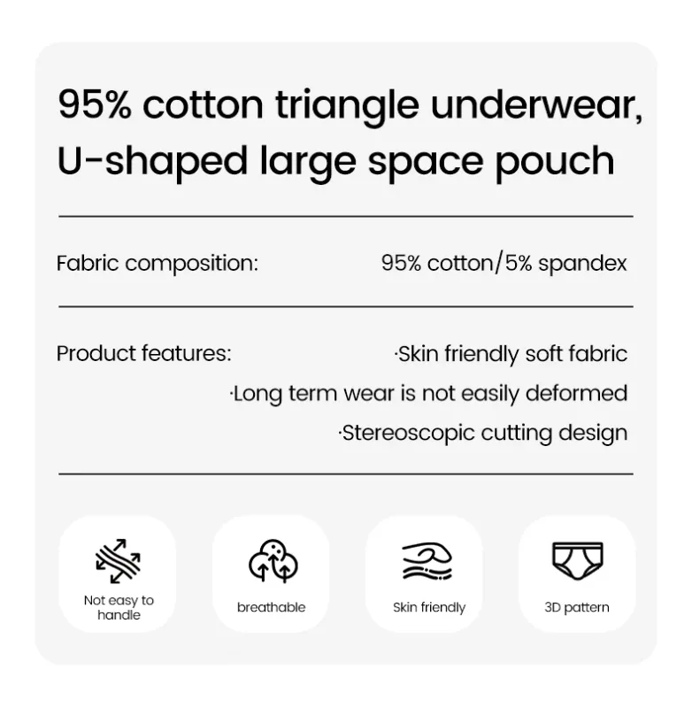 Men's pure cotton breathable and comfortable triangular underpants, mid-waist, skin-friendly and soft, teenagers' underpants