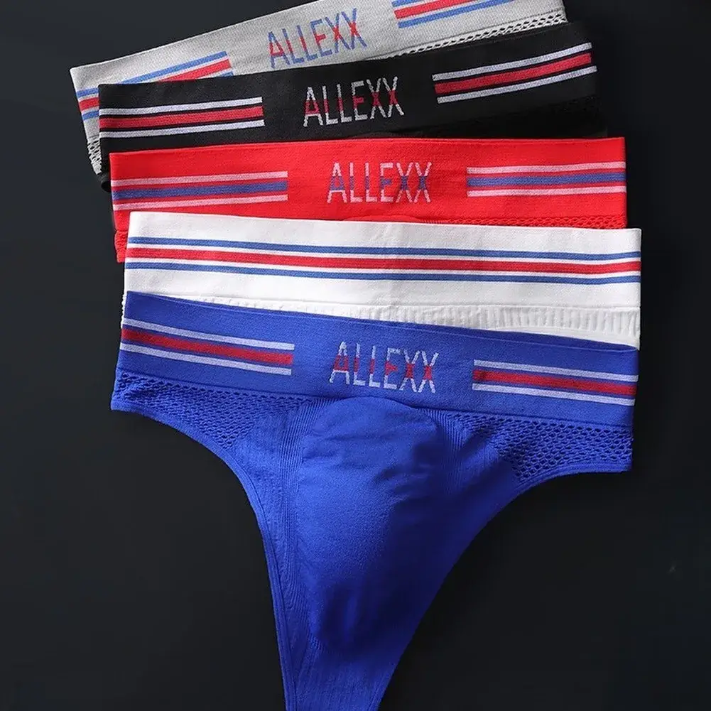1pc Men's G-String Underwear 3D Bulge Pouch Striped Letter Printing Briefs Elastic Mesh Breathable Comfortable Thongs