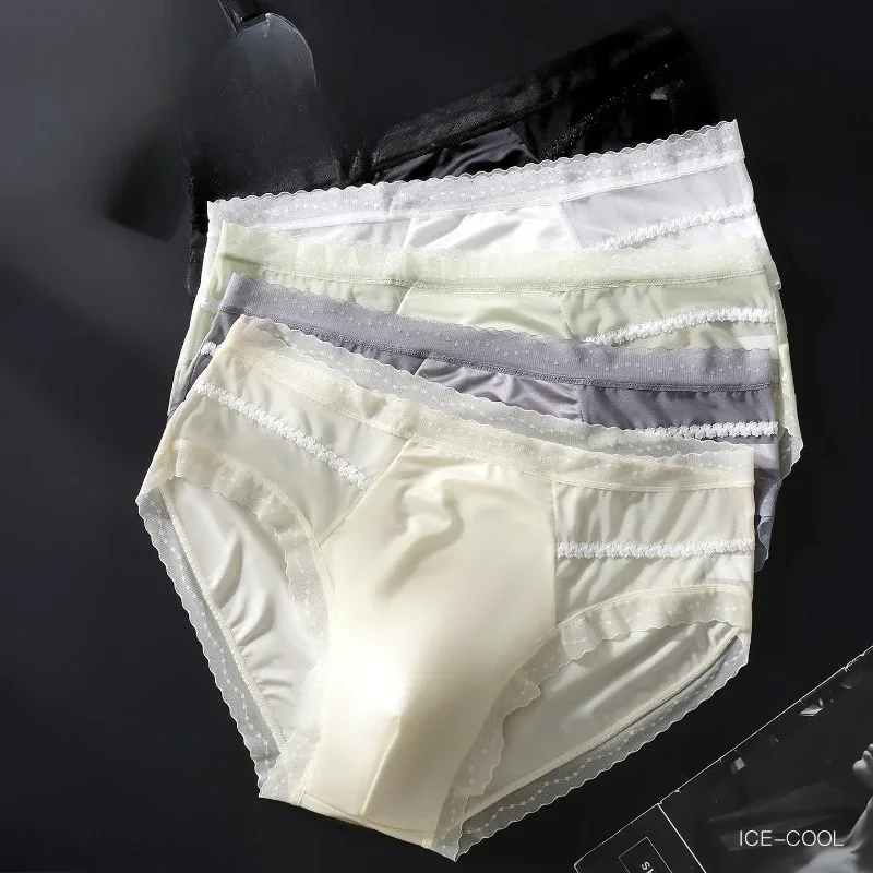 Men's Sexy Lace Thin Briefs Seamless Underware Ice Silk Brief 3D Bulge Pouch Panties Sleep Bottoms Breathable Male Underpants