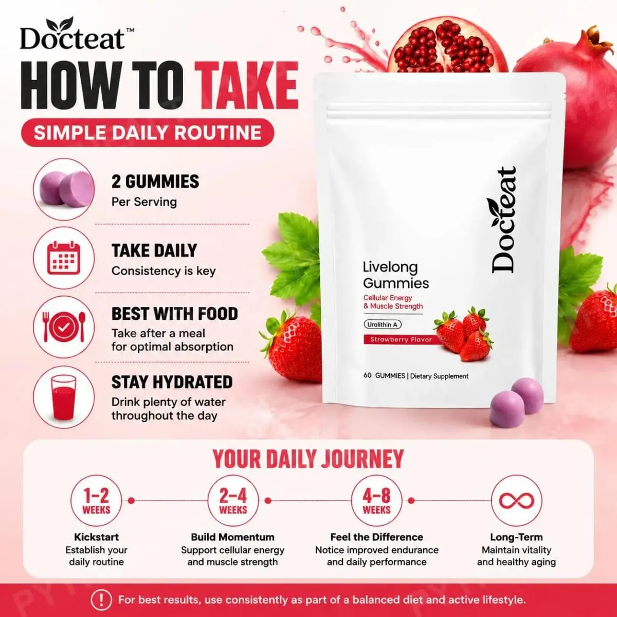 Docteat Urolithin A Gummies 500mg per Penyajian Rasa Strawberry Dukungan Kesehatan Seluler Harian 60 Gummies untuk Pria Wanita