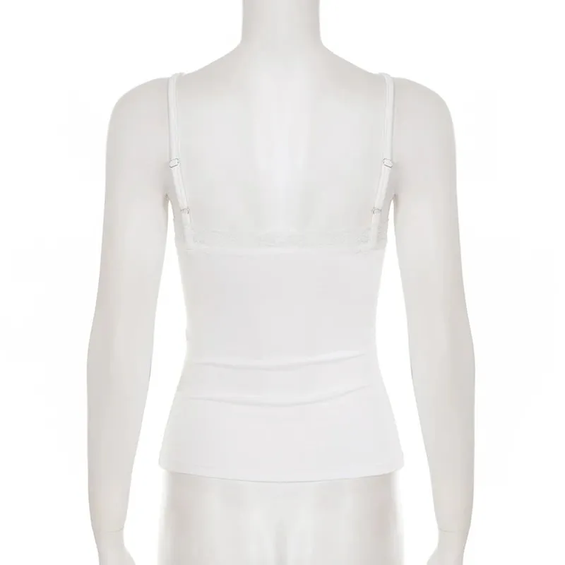 Coquette Csipke V nyakú csavaros elülső Cami felső spagetti pántos karcsú Camisole Y2K Daily ujjatlan felső, alkalmi nyári újdonság