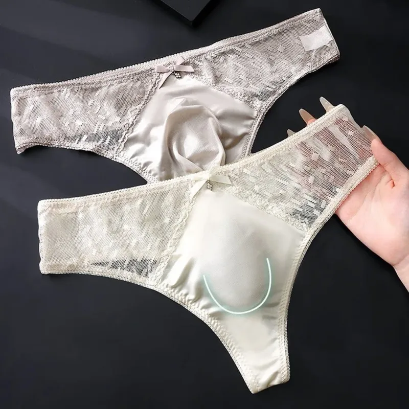 Men's Thong Underwear Made of 81.7% Polyester 18.3% Spandex Ice Silk Blend with Lace Trim and 3D Bulge Pouch Solid G String