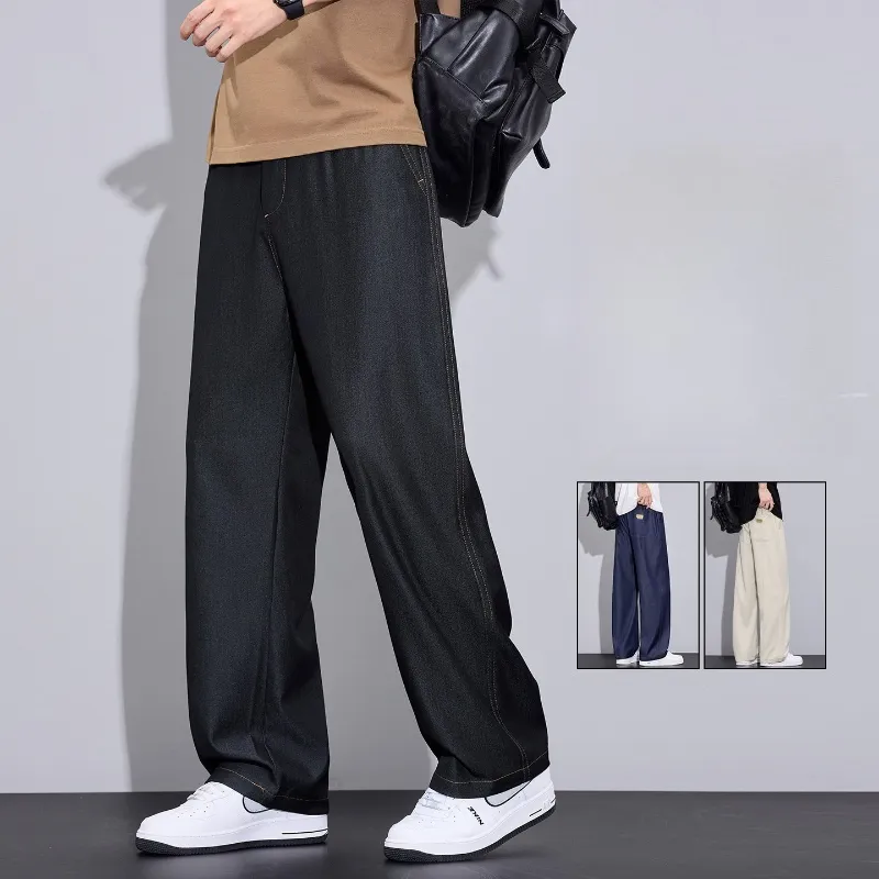Men's Summer Lyocell Thin Wide Leg Jeans Ice Silk Cool Breathable Elastic Waist Casual Streetwear Denim Pants Daily Wear for Men