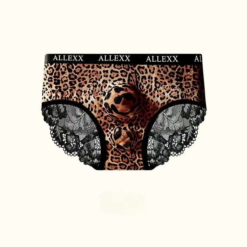 Men's Sexy Briefs Sheer Lace Ice Silk Panties Leopard Printed Letter Sissy Lingerie Bullet Separation Pouch Ultra-Thin Underwear