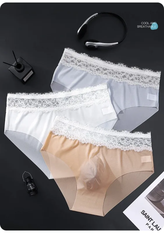 Lace Edge Ice Silk Men's Triangle Pants Traceless Breathable Thin Men's Underwear Low Waist Soft Seamless Comfort Male Briefs