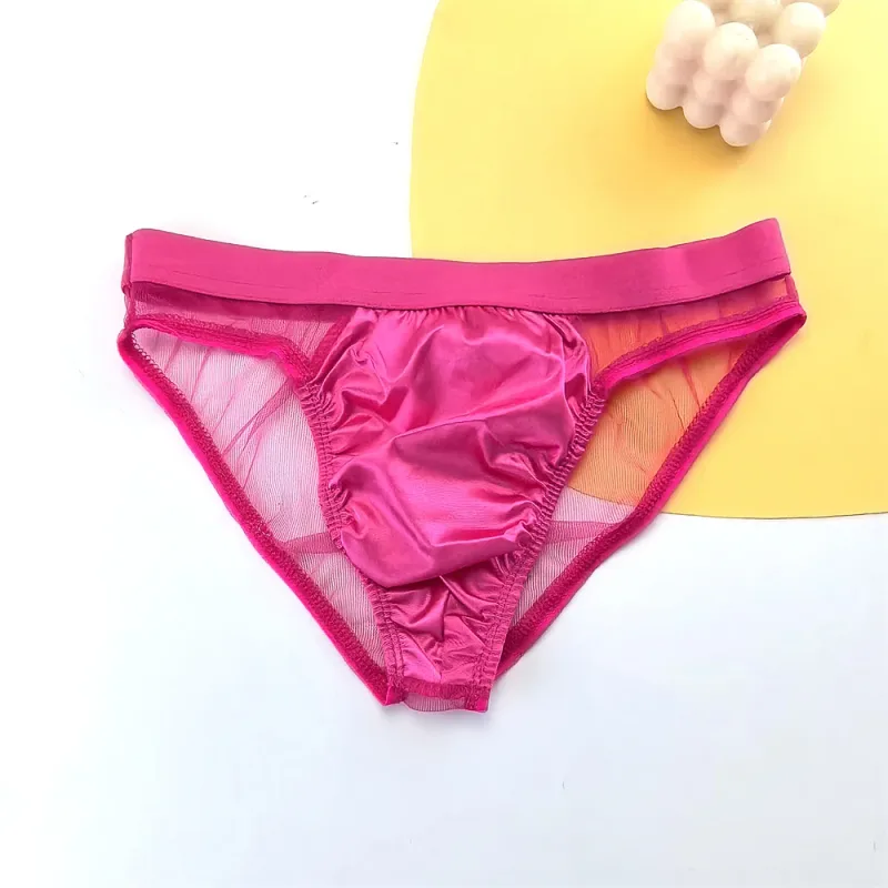 Sexy Glossy Satin Silk Man's Underwear Briefs Transparent Mesh Male Panties Breathable Quick Dry Underpants