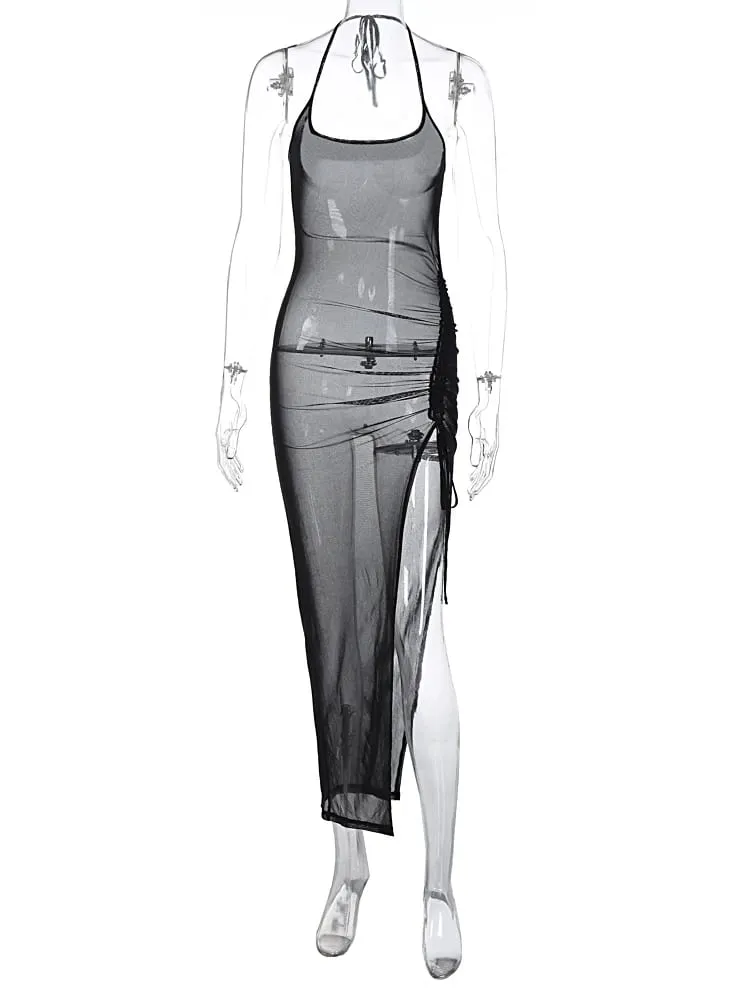 Hugcitar Summer Fashion Mesh Μαύρα slips Σέξι μάξι φόρεμα με σκίσιμο εξώπλατο See Through Γυναικεία Ρούχα Beach Vacation Club