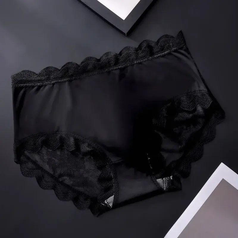 Men Floral Lace Satin Silky Panties 3D U Convex Pouch Brief Ultra Thin See Through Lingerie Summer Ice Silk Breathable Underwear