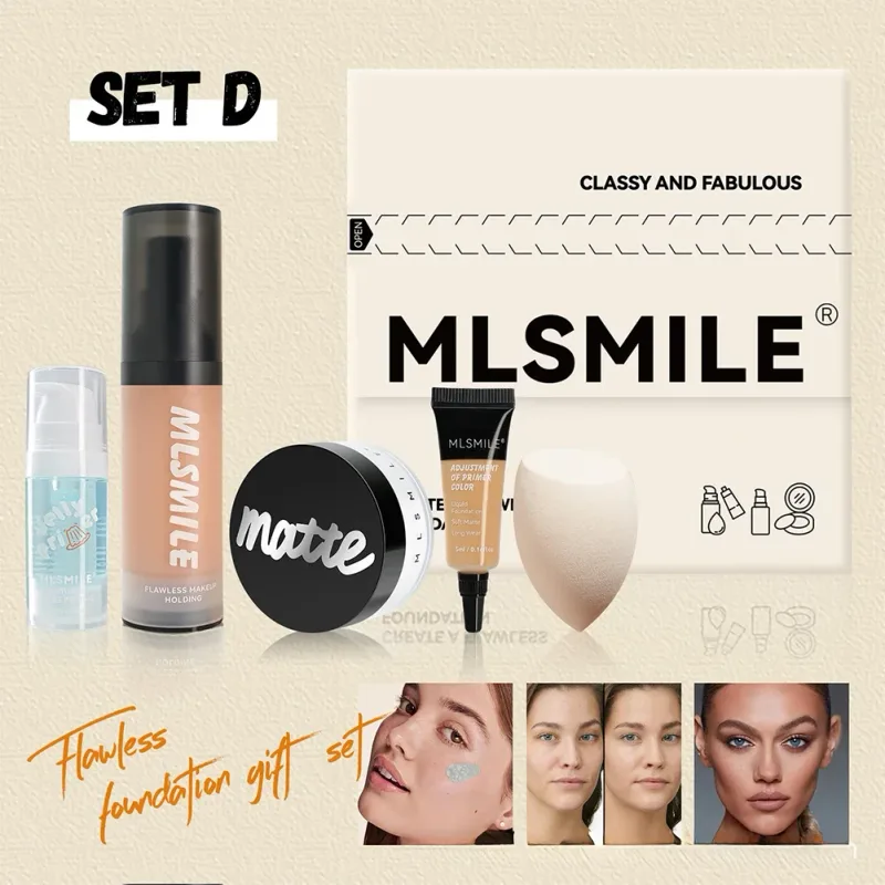 All in One Face Makeup Set Liquid Foundation Powder Primer and Egg for Long Lasting Matte Finish