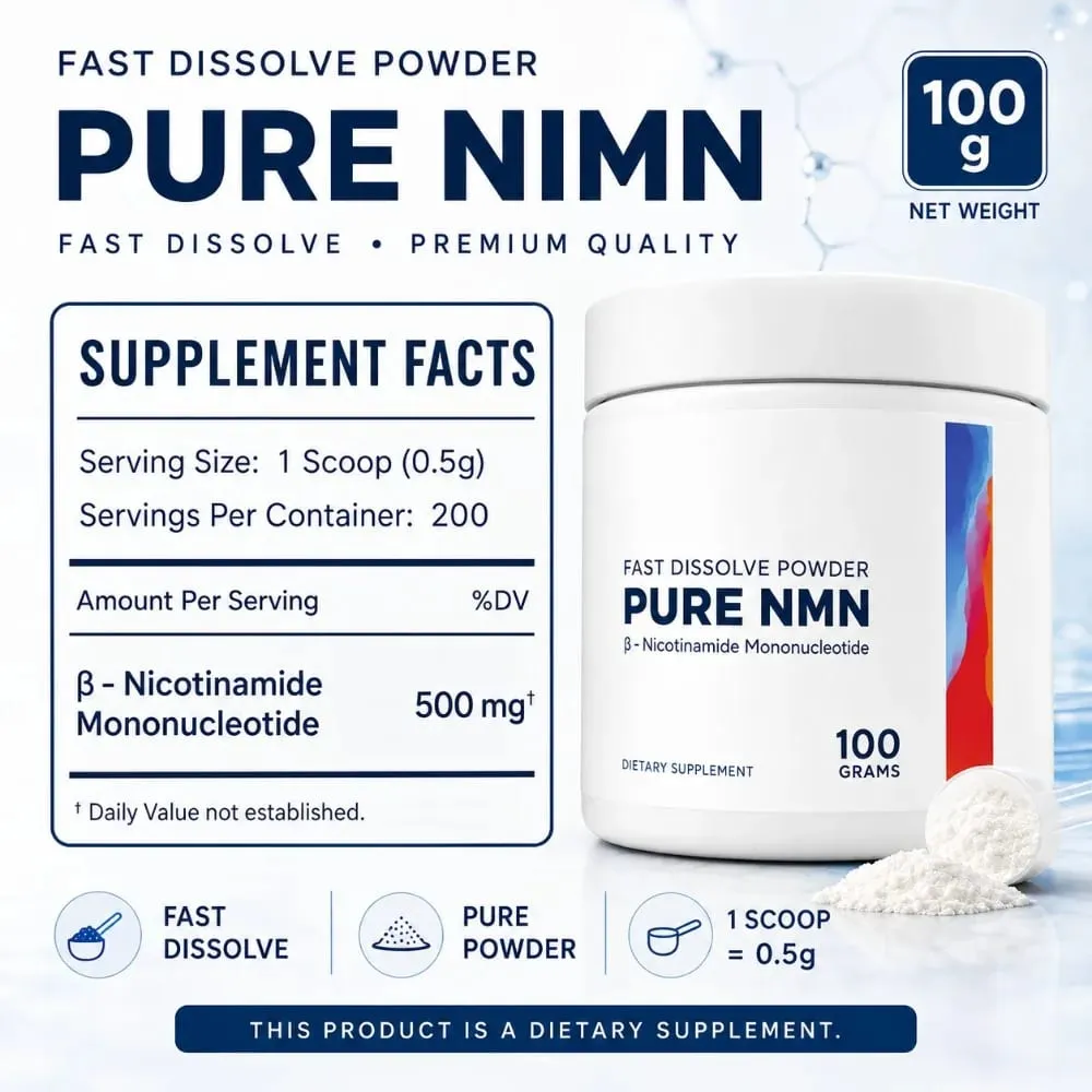 NMN Powder 100g 99 Purity Fast Dissolve β-Nicotinamide Mononucleotide NAD+ Cellular Energy Support 200 Servings Supplement