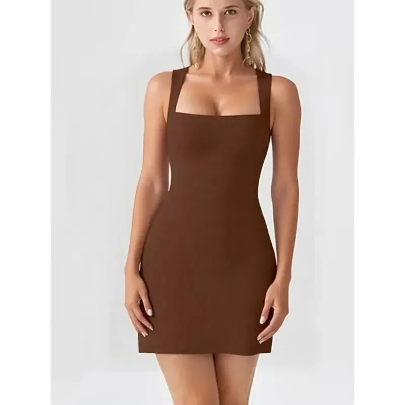 Simple Solid Color Slip Dress Summer Elegant Square Neck Sleeveless Short Dressest Fashion Versatile Casual Slim Fit Dress