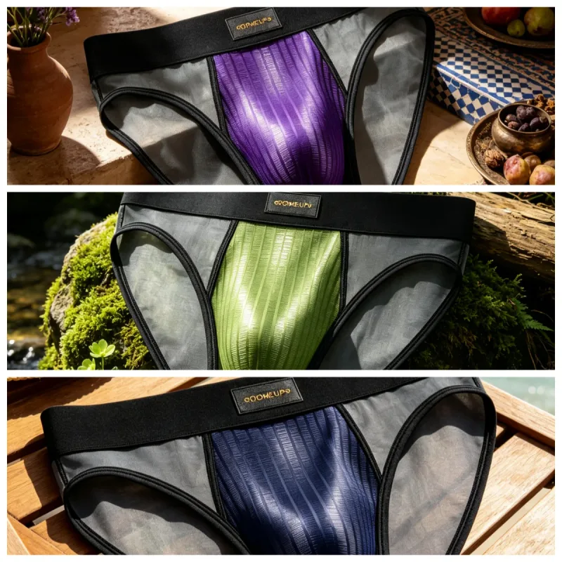 Mens Briefs Patchwork Sheer Mesh Vertical Stripe Gloss Pouch Low Waist Wide Elastic Waistband Breathable Male Underwear DP923