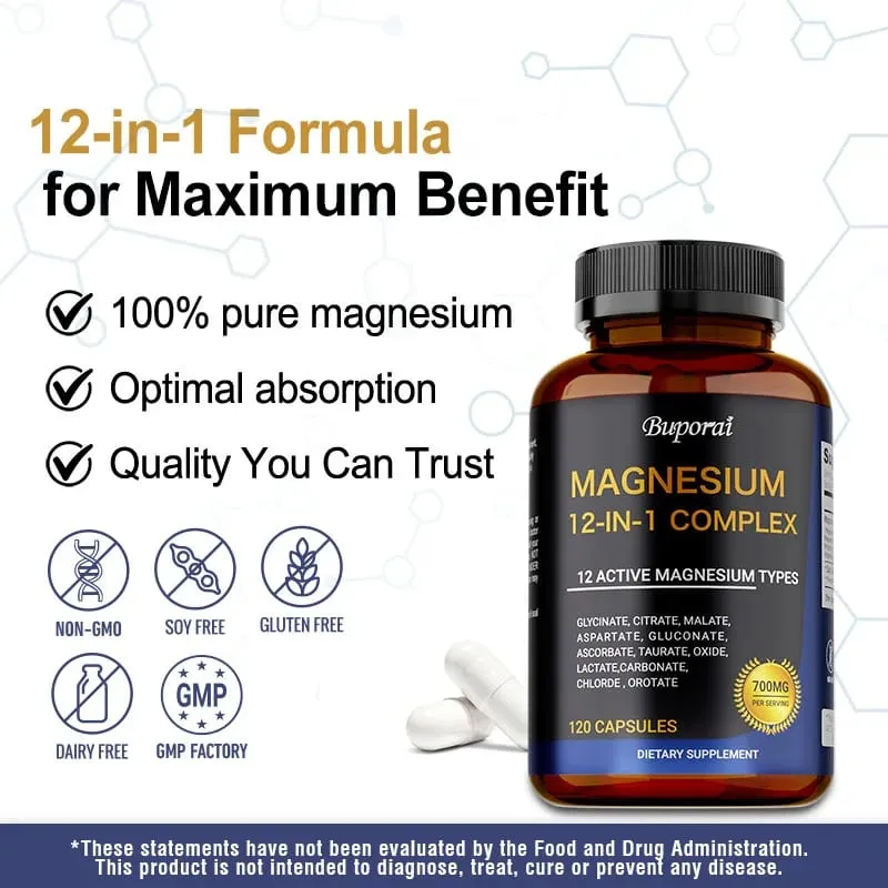 Magnesium Complex Capsules - Support Muscle Bone Heart Health Improve Sleep Stress & Anxiety Relief - Dietary Supplement