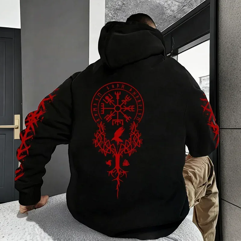 Winter and Autumn Edition Viking Nordic Runes Printed Men's Large-Sized Hooded Sweatshirt for Street Casual Wear