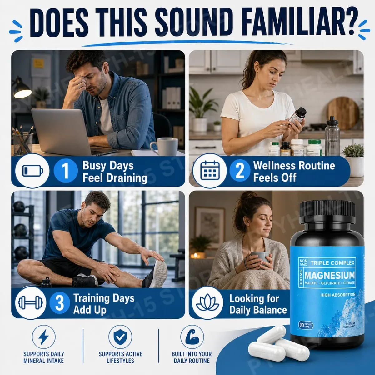 Triple Magnesium Complex 300mg Malate Glycinate Citrate High Absorption Daily Mineral Supplement Vegan Non GMO 90 Veggie Caps