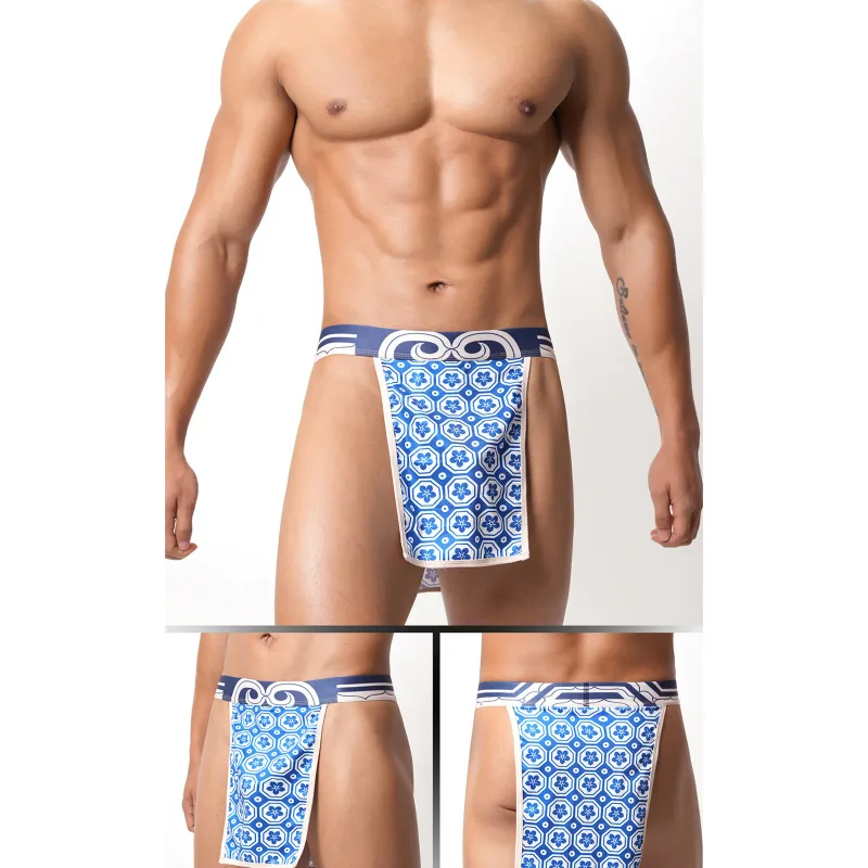 Men Low Rise Crotchless Traditional Printed Japanese Sumo Briefs Thong Kimono Rokushaku Fundoshi Loincloth Panties Underwear