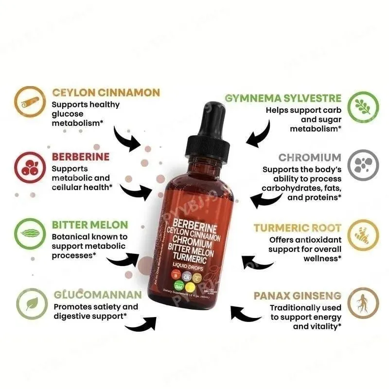 Berberine Chromium Turmeric Ginseng Liquid Drops 60ml Organic Herbal Supplement Pang-araw-araw na Wellness Balance Support para sa Matanda