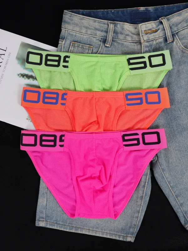 Men's Nylon Blend Mesh Breathable Briefs Horn Splice Letter Embossed Wide Elastic Waistband Fluorescent Color Sexy Underwear