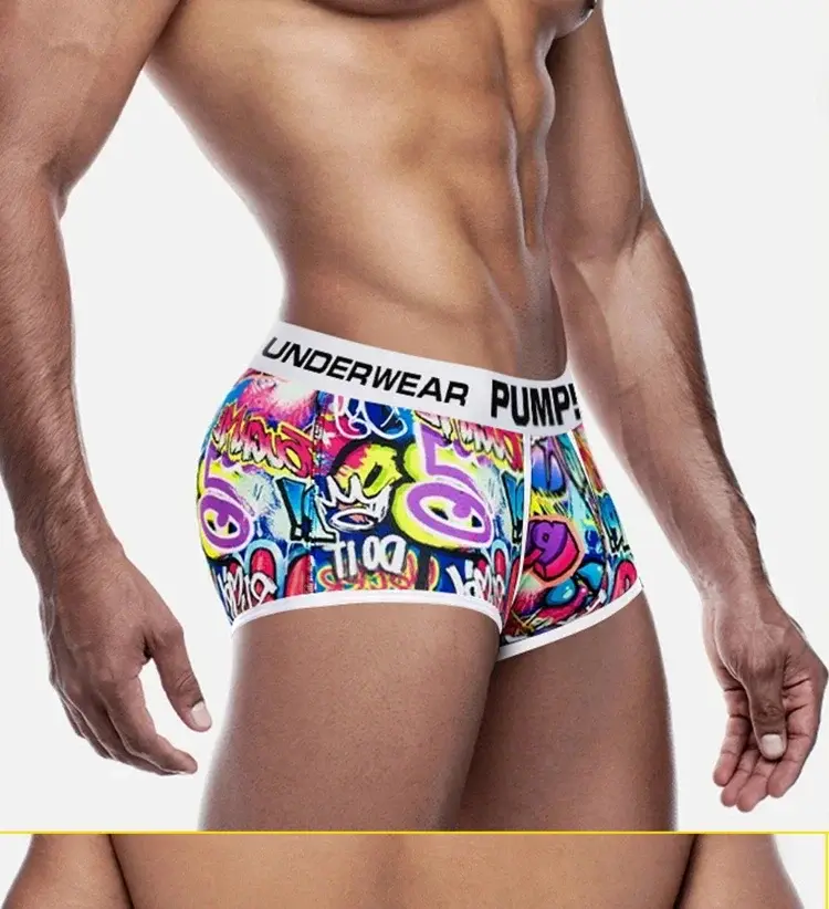 1- 4PCS Men's Cotton Nylon Blend Boxer Briefs All-Over Graffiti Print Wide Elastic Waistband Non-Tight Fashion Sport Underwear