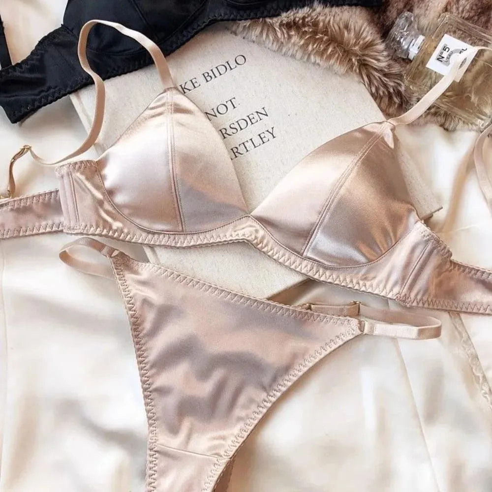 French Style Women Satin Triangle Cup Bra Set Thin Wireless Seamless Sexy Lingerie Light Support Comfort Brassiere Underwear