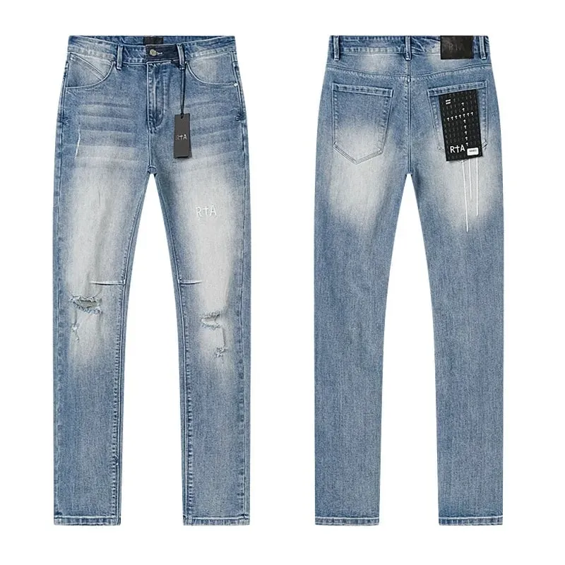 Νέο RTA Destroyed Scratch Hole Light Blue Distressed Jeans Ανδρικά High Street Elastic Slim Fit jeans 2026 Μάρκα παντελόνι Streetwear