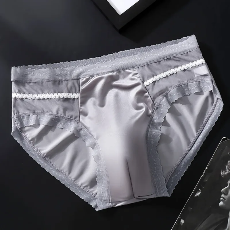 Men's Sexy Lace Thin Seamless Ice Silk Briefs Underwear 3D Bulge Pouch Panties U Convex Sexy Underwear Ice Silk Lace Thin
