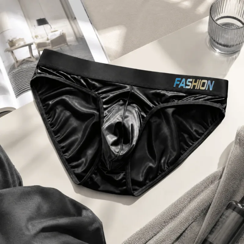 Underwear Men's Triangle Panties Low Waist Ultra Smooth Satin Silky Briefs Lingerie Gradient Letter Glossy Underpants Large Size