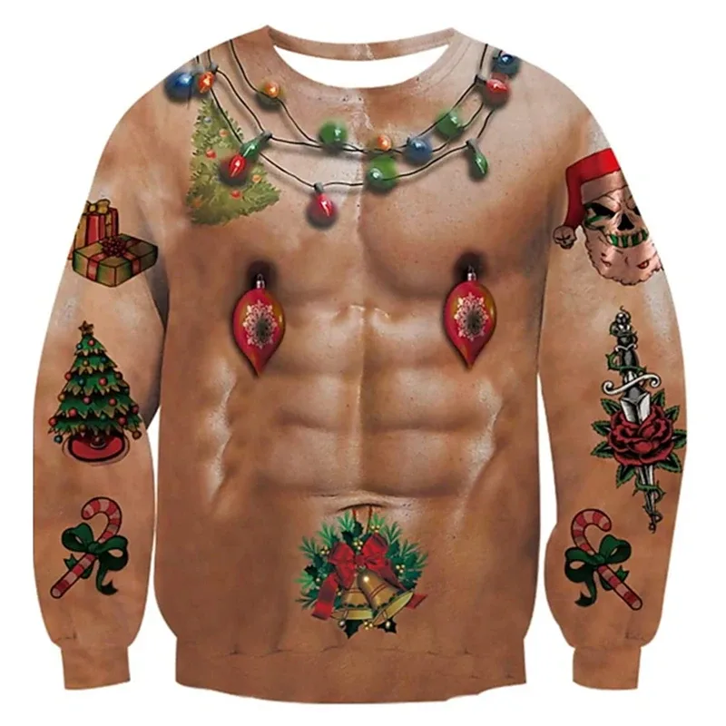 Pull de noël moche pour hommes, impression 3D drôle, motif musculaire, nouvelle mode, Costume de Cosplay de fête, cadeau de noël