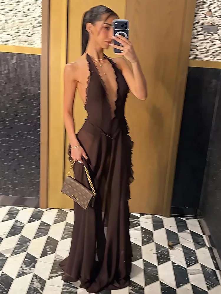 Mozision Halter Deep V λαιμόκοψη σέξι μάξι γυναικείο φόρεμα Κομψό αμάνικο ψηλό σχιστό κλαμπ φόρεμα για πάρτι