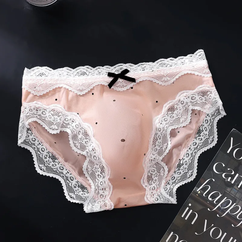 Men's Sexy Briefs Lace Edge Polka Dot Underwear Ice Silk Sissy Panties U Convex Pouch Underpants Seamless See Through Lingerie