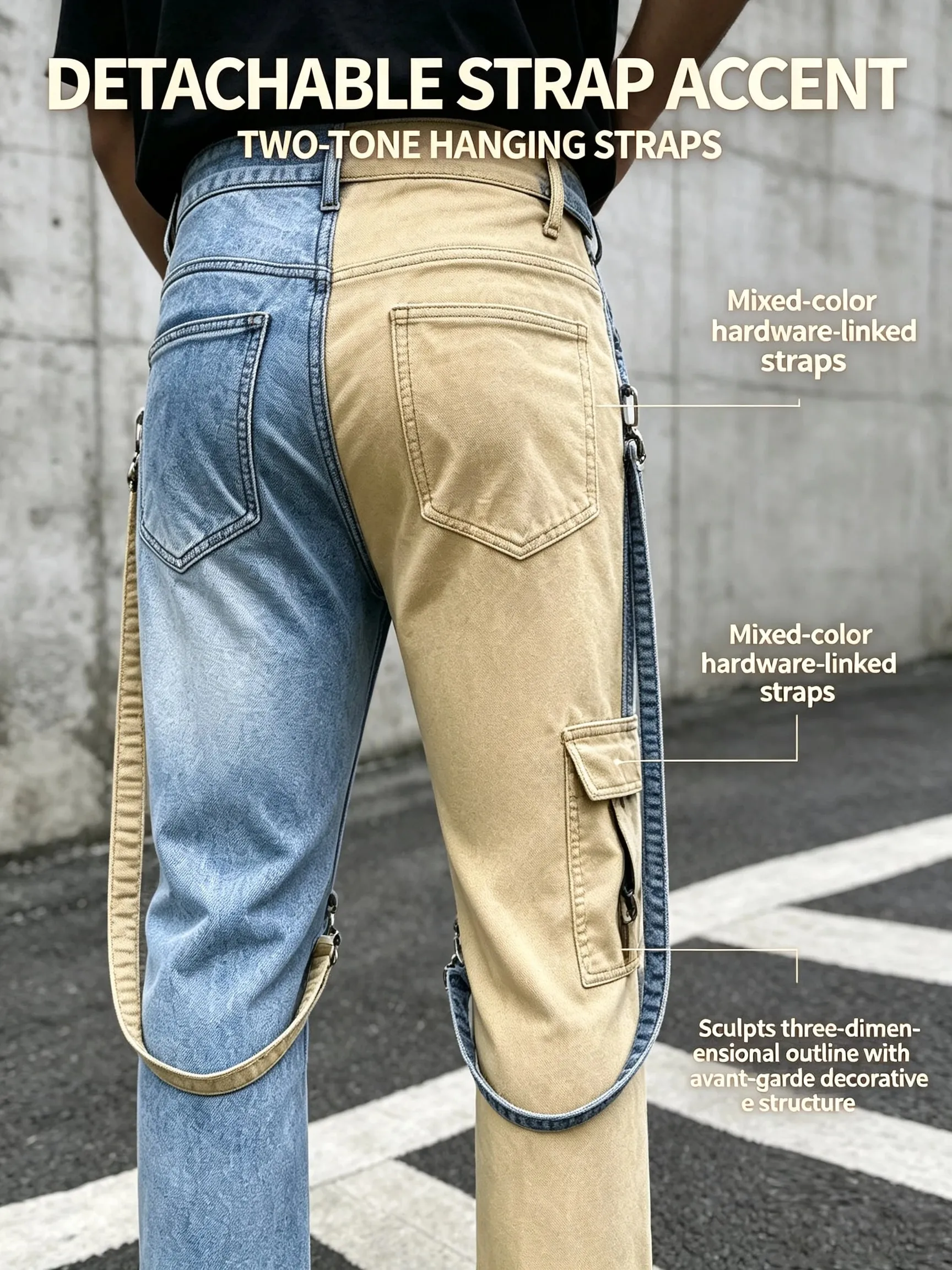 Y2K τζιν για άντρες Techwear ρετρό παντελόνι Cargo Παντελόνι τζιν με μπότα με ανοιχτόχρωμο λουράκι με αντίθεση