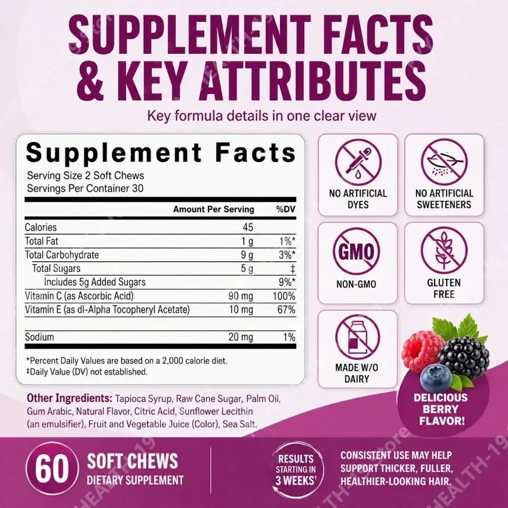 Malalambot na Pagnguya ng Paglago ng Buhok – Supplement ng Vitamin C at E para sa Mas Makapal na Buhok at Mas Malusog na Mukha – Lasang Berry – 60 Malambot na Nguya