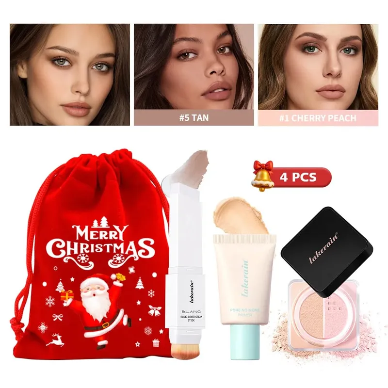 4 τμχ Σετ Μακιγιάζ Προσώπου Foundation Stick Pore No More Primer Loose Setting Powder Μεγάλης διάρκειας Ματ Μακιγιάζ για αρχάριους Χριστουγεννιάτικο δώρο