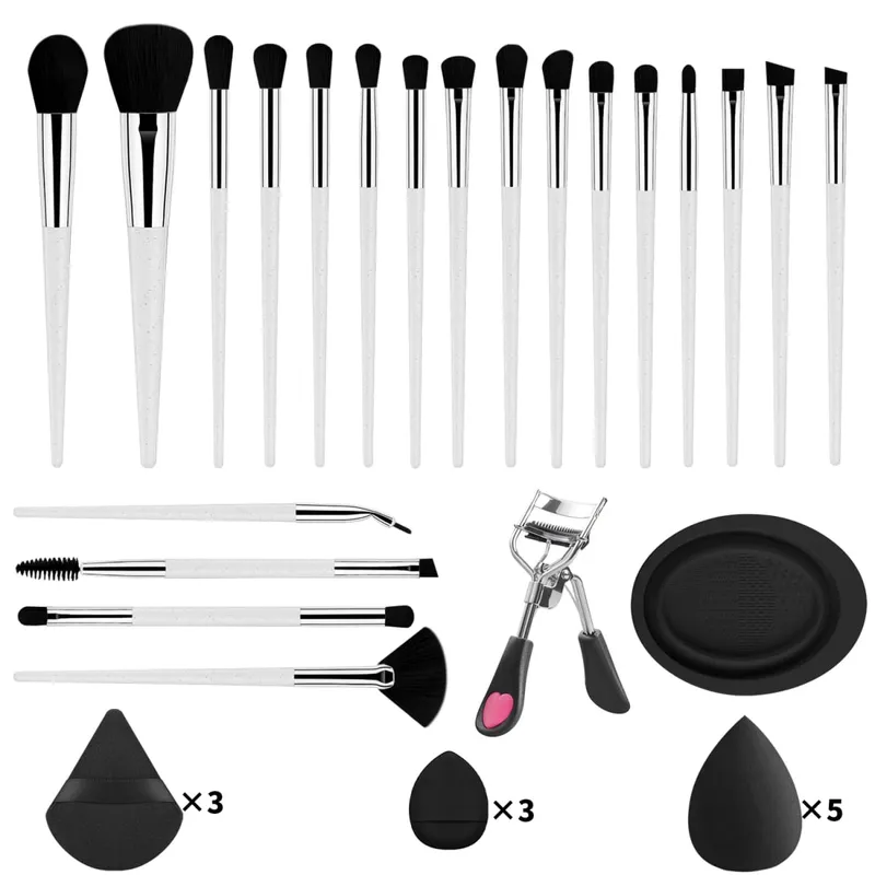 33 Buah Kit Alat Rias 20 Kuas Rias dengan Mangkuk Pembersih Puff Bedak Set Rias Mata Wajah Penuh Penjepit Bulu Mata