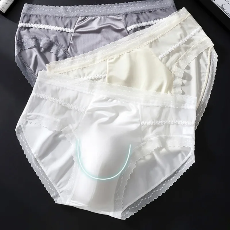 Men's Sexy Lace Thin Briefs Seamless Underware Ice Silk Brief 3D Bulge Pouch Panties Sleep Bottoms Breathable Male Underpants