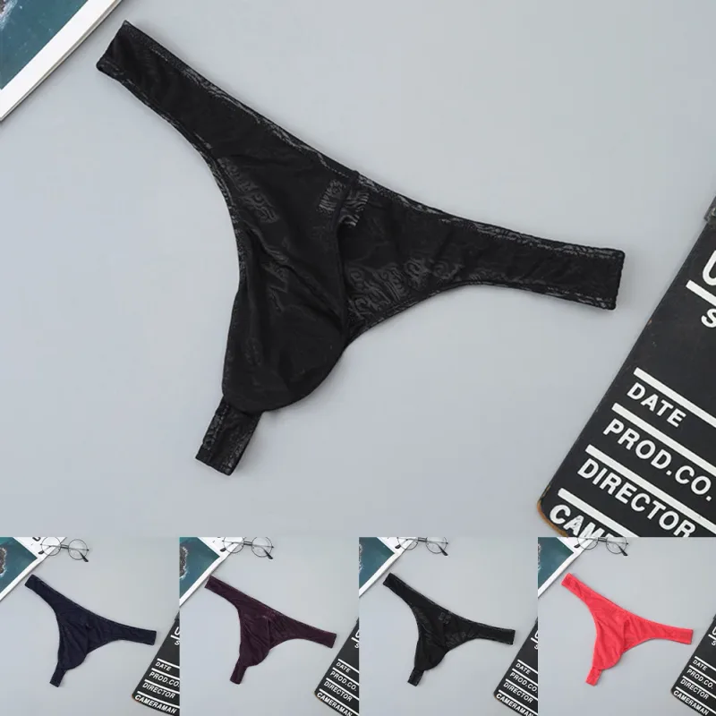 Men Lace Jacquard G-string Underwear High Stretchy Large Pouch Thong Panties Sexy Gays Erotic T-back Underpants