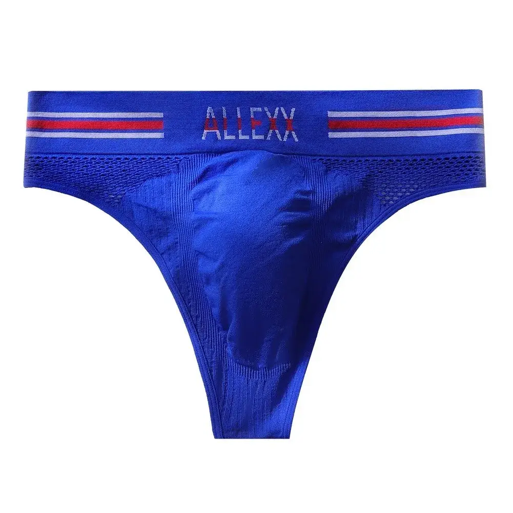 1pc Men's G-String Underwear 3D Bulge Pouch Striped Letter Printing Briefs Elastic Mesh Breathable Comfortable Thongs