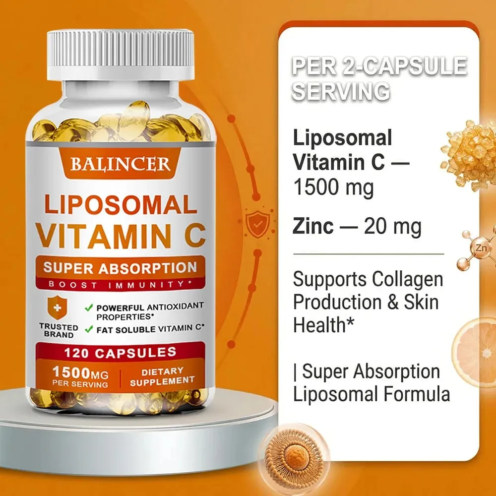 Liposomale vitamine C Ondersteunt antioxidante gezondheid en immuunfunctie Hoge absorptie Niet-GMO Glutenvrij – 120 capsules