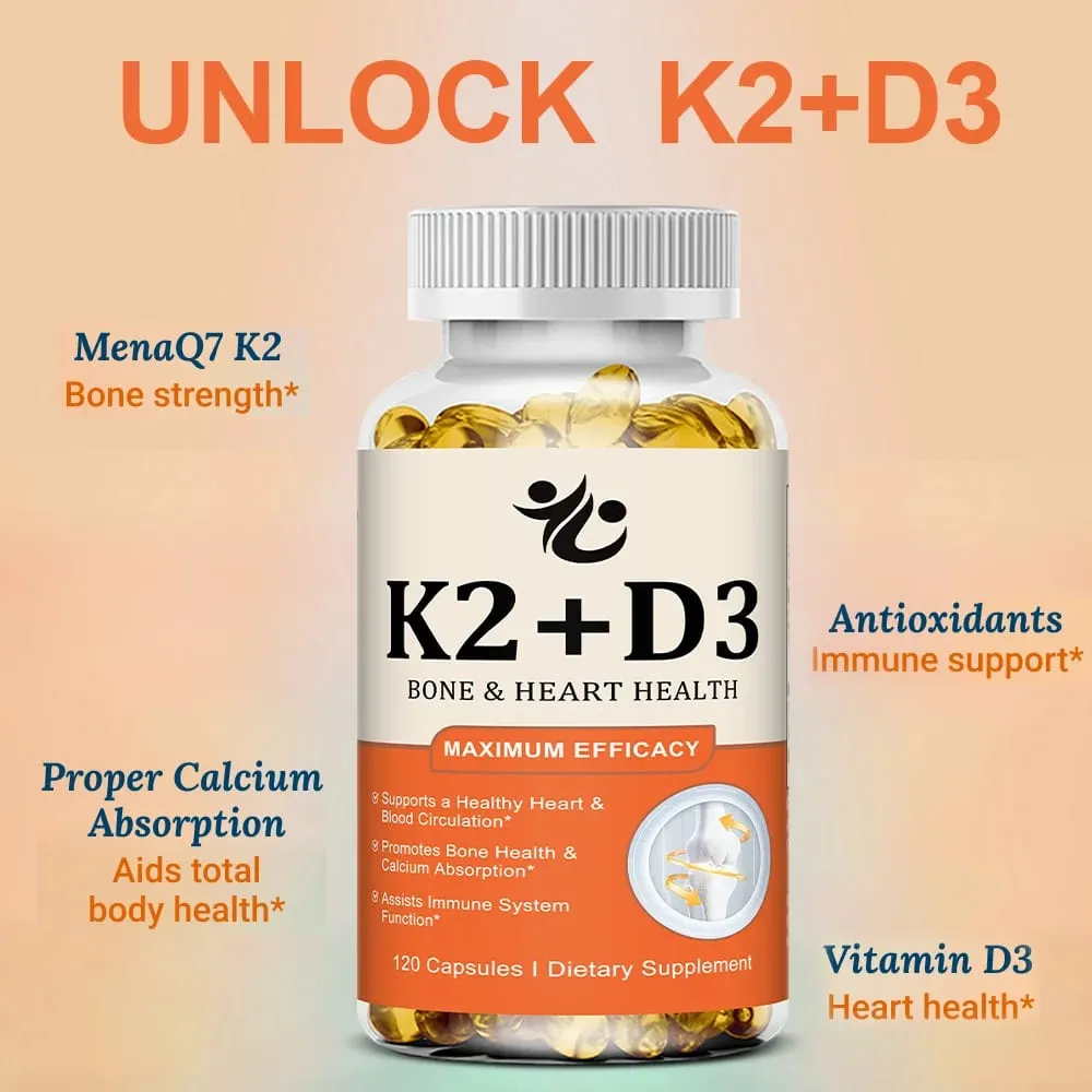 Vitamin D3 + K2 Capsules Support Calcium Absorption Bone & Joint Wellness Cardiovascular Function and Immune System Health