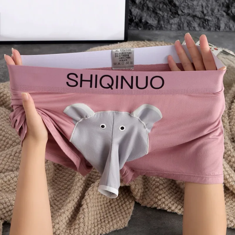 Men Cute Elephant Print Boxer Briefs Elastic Letter Waist 3D Pouch Soft Breathable Daily Sleep Home Casual Comfy Underwear Wear