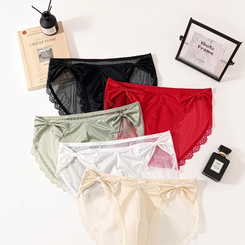Men's Underwear High Fork Bow-Tie Lace Briefs U Convex Pouch Lingerie Underpants Ultra-Thin Ice Silk French Mesh Panties