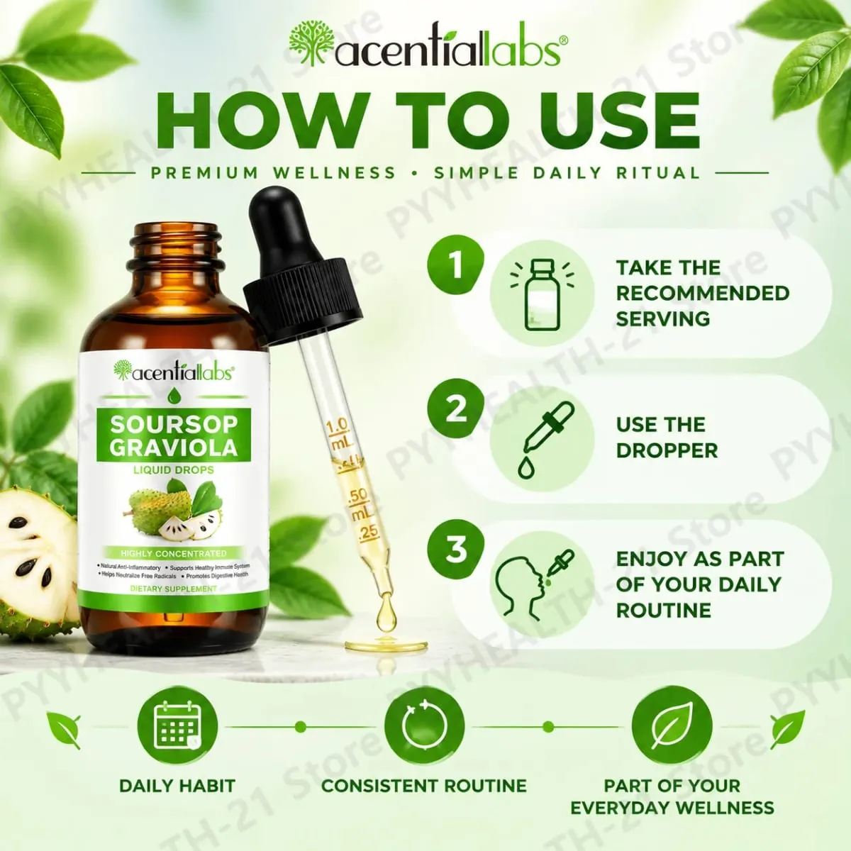 AcentiLabs Sirsak Graviola Tetes Cair Vitamin C Mendukung Kesehatan Pencernaan Sistem Kekebalan Tubuh Pertahanan Radikal Bebas 60ml untuk Dewasa