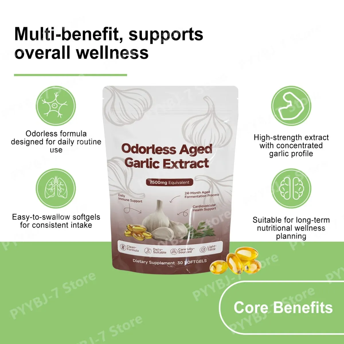 Walang amoy na may edad na Garlic Extract 7500mg Katumbas na Softgels 30 Bilang Pang-araw-araw na Garlic Supplement sa Puso at Pangkalahatang Wellness Support