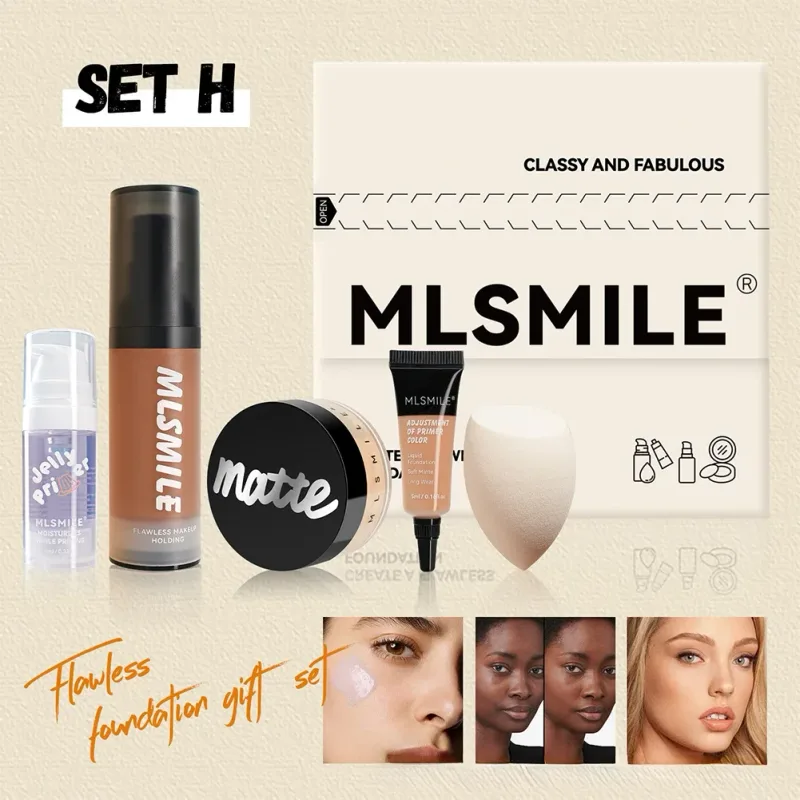 All in One Face Makeup Set Liquid Foundation Powder Primer and Egg for Long Lasting Matte Finish