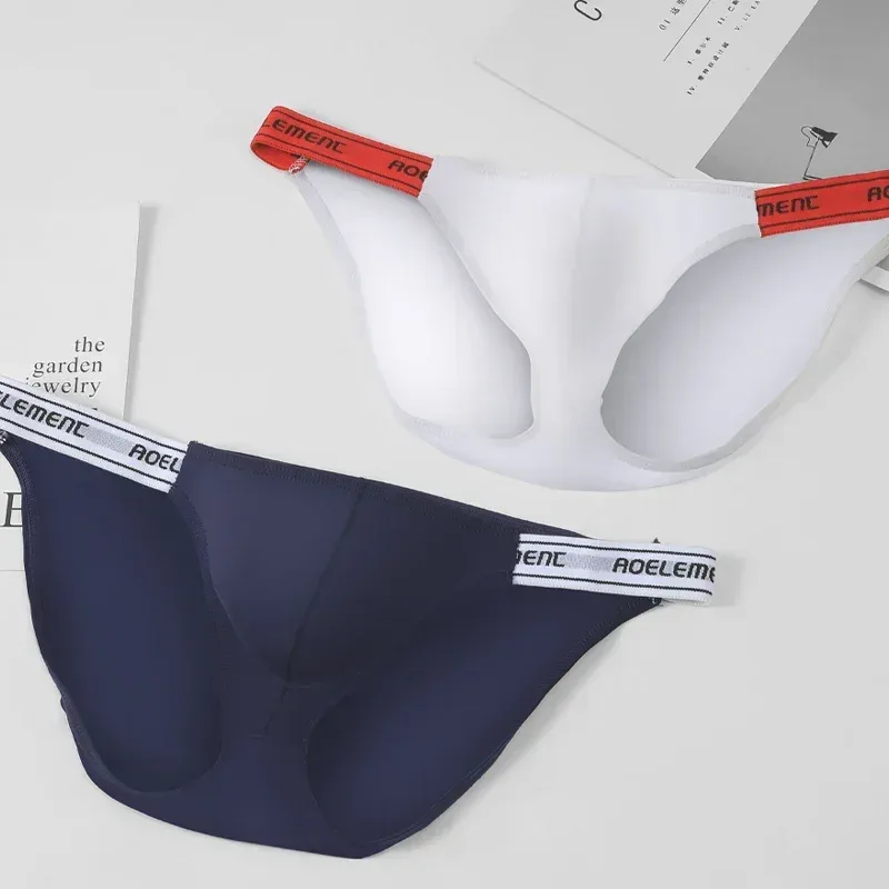 Men's Underwear Solid Color Elastic Tight Sexy Low Waist Ice Silk High Fork Thong Fitness Sports Comfortable Triangle Shorts