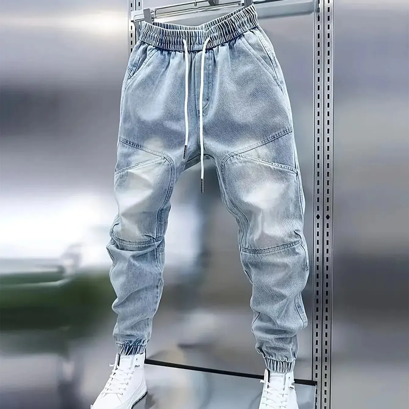 Férfi új húzózsinóros derékrész világoskék mandzsettás baggy farmer