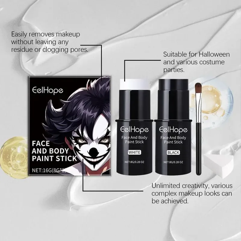 Μαύρο λευκό Face Body Paint Kit Cover Foundation Μακράς διάρκειας Αδιάβροχο Halloween Skeleton Cosplay Body Makeup Tool 2026
