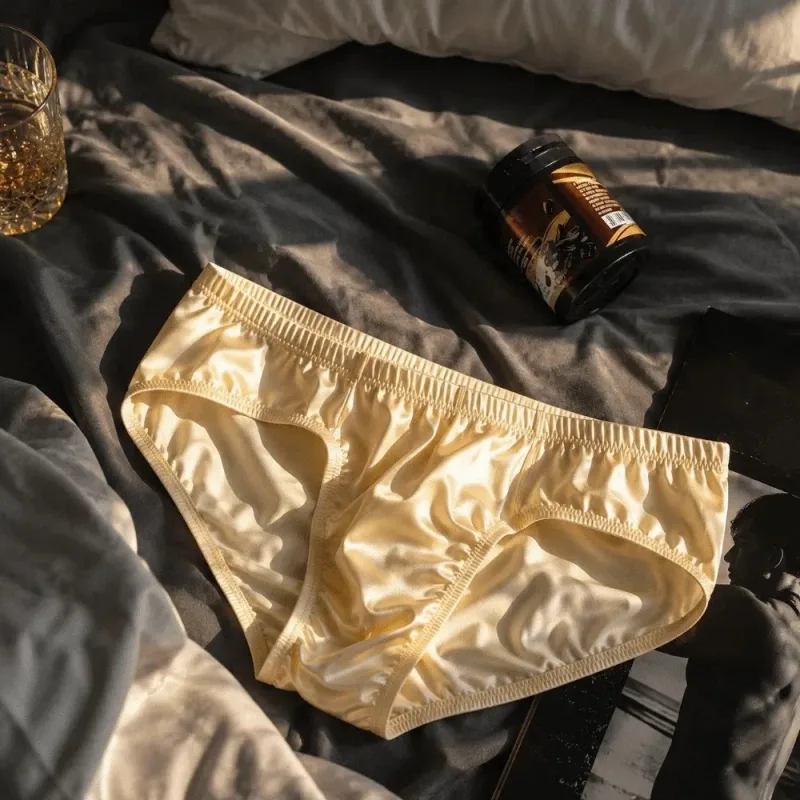 Breathable Low Waist Male Underwear Ice Silk Bulge Pouch Satin Silk Briefs Glossy Shiny Lingerie Men's Triangle Panties Sports
